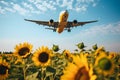 Landing airplane above sunflower field. Concept of decarbonization and biofuel.. Royalty Free Stock Photo