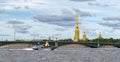 Landing boat `Alexey Barinov` carries a replica of the Botik of Peter the Great, a scaled-down warship