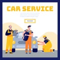 Landing for car service station with illustration of team of car mechanics at work. Vector flat illustration for web.