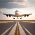 Landing of a commercial aircraft on an airport runway with beautiful afternoon skies. Passenger airplane landing at in good clear