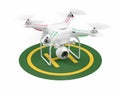 Landing drone on green helipad. 3D Royalty Free Stock Photo
