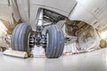 Landing gear airplane in hangar chassis rubber close-up. Royalty Free Stock Photo