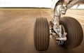 Landing gear, wheels, on the runway, close up