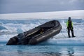 Landing an inflatable boat on the Antarctic sea ice, Weddell Sea, Antarctica