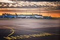 Landing light. Directional sign markings on the tarmac of runway at a commercial airport