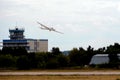 Landing of the MDM-1 Fox glider at the Zhukovsky airfield during the MAKS-2021 International Aviation and Space Salon Royalty Free Stock Photo