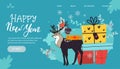 Landing page banner with Christmas pattern, lettering deer presents and snowflakes. Tree decoration. Happy New Year blue