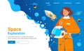 Landing page banner web template space exploration woman cosmonaut astronout wear spacesuit character spaceship planet