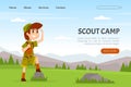 Landing Page with Boy Scout Cartoon Character in Khaki Costume Looking Ahead Vector Illustration