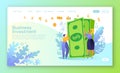 Concept of landing page on finance theme. People characters with big money stack. Rich man and woman. Employees received a salary.