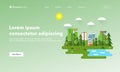 Landing page concept. Cityscape with a lot of sky scrapers in summer in the park area. Vector illustration in trendy and modern Royalty Free Stock Photo