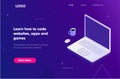 Landing Page Concept. Coding isometric illustration. Programming web sites, apps, games. Header for website with laptop