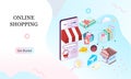 Landing page of 3d isometric online shopping on websites or mobile applications concepts of vector e-commerce and digital marketin Royalty Free Stock Photo