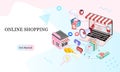 Landing page of 3d isometric online shopping on websites or mobile applications concepts of vector e-commerce and digital marketin Royalty Free Stock Photo