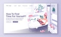 Personal hygiene, time for self concept for landing page with girl taking a bath and reading books. Royalty Free Stock Photo