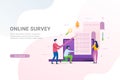 Online survey and polling with people filling online survey form on laptop vector illustration Royalty Free Stock Photo