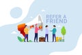 People shout on megaphone with Refer a friend and get rewarded design concept