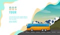 Landing page design, banner with bus tour, tourism concept, yellow bus on road, beautiful sky and mountains, vector