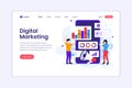 Landing page design concept of Digital Marketing, People with graphic charts and giant smartphone. vector