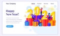 Landing page design concept of Happy new year 2021. People on giant gift boxes and 2021 number celebrating new year`s eve. Flat