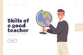 Landing page design template with happy geography teacher standing holding earth globe