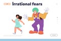 Landing page design template with irrational fears and little girl character scared by clown