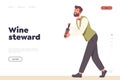 Landing page design template with wine steward expert character carrying bottle serving drink