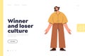 Landing page design template with winner and loser culture concept and confused woman