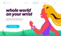 Landing page design template with young lady running with smart watch on her wrist.