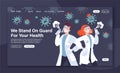 Concept of landing page with doctors against very angry coronavirus.