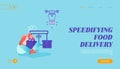 Landing Page of Drone Transporting Package for Online Shopping and People Characters. Drone Delivery