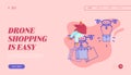 Landing Page of Drone Transporting Package for Online Shopping and People Characters. Drone Delivery