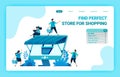 Landing page of e-commerce online with a shopping cart metaphor and monitor with a roof. Wholesale and retail online stores. Royalty Free Stock Photo