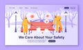 Landing page template with cartoon flat characters spraying disinfectant on a park bench