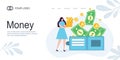 Landing page Girl girl holds coins. Savings and investing money. Finance, Investment. woman take Money. for Jar Making Saving,