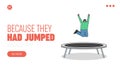 Landing page with girl jumping on trampoline. Young female cartoon character has fun on trampoline Royalty Free Stock Photo