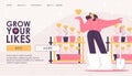 Landing page for girl who grows likes and hearts in pots. Concept banner for popular blog and vlog web site