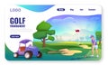 Landing page with golf course, player man and golf cart Royalty Free Stock Photo