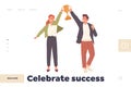 Landing page with happy team of businessman and businesswoman celebrate success and victory