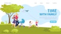 Landing Page happy time with family vector illustration. Parents and diverse children jogging together in green summer