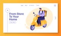 Landing page concept with flat cartoon character riding on yellow motorcycle.