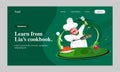 Landing Page or Hero Banner Design with Funny Chef Character Cooking on Green Background for Learn From Lien\'s