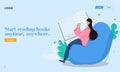 Landing Page or Hero Banner Design with Illustration of Young Girl Reading Book Anytime, Anywhere on Bean Bag