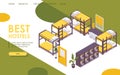 Landing page hostel isometric set with bunk beds and lockers. 3d interior example in vibrant colors good for web site with budget Royalty Free Stock Photo