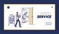 Landing page with hotel corridor and professional bellman and maid working