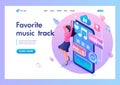 Landing Page Isometry. Girl Dances Near a Smartphone With Her Favorite Music. Favorite Track. Vector Illustration