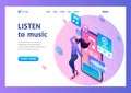 Landing Page Isometry. Girl Enjoys Listening To Her Favorite Music. Favorite Artist, Favorite Tracks. Vector