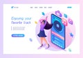 Landing Page Isometry. Girl With Headphones Enjoy Your Favorite Music Through The Mobile App. Vector Illustration