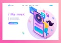 Landing Page Isometry. Girl With Headphones Listens To Music Through a Mobile App. Vector Illustration