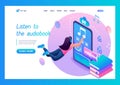 Landing Page Isometry. Girl Listens To an Audiobook on Her Smartphone Through App. Vector Illustration